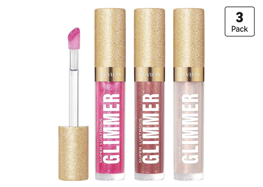 REVLON Super Lustrous Glimmer Gloss Gift Set, 3-Piece, Non-Sticky Lip Makeup, Plant-Based Glitter, High-Shine Finish, 008 Rose Glow, 005 Glazed Almond 001 Diamond Drama